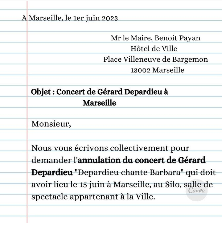 Lettre ouverte - concert de Gérard Depardieu à Marseille